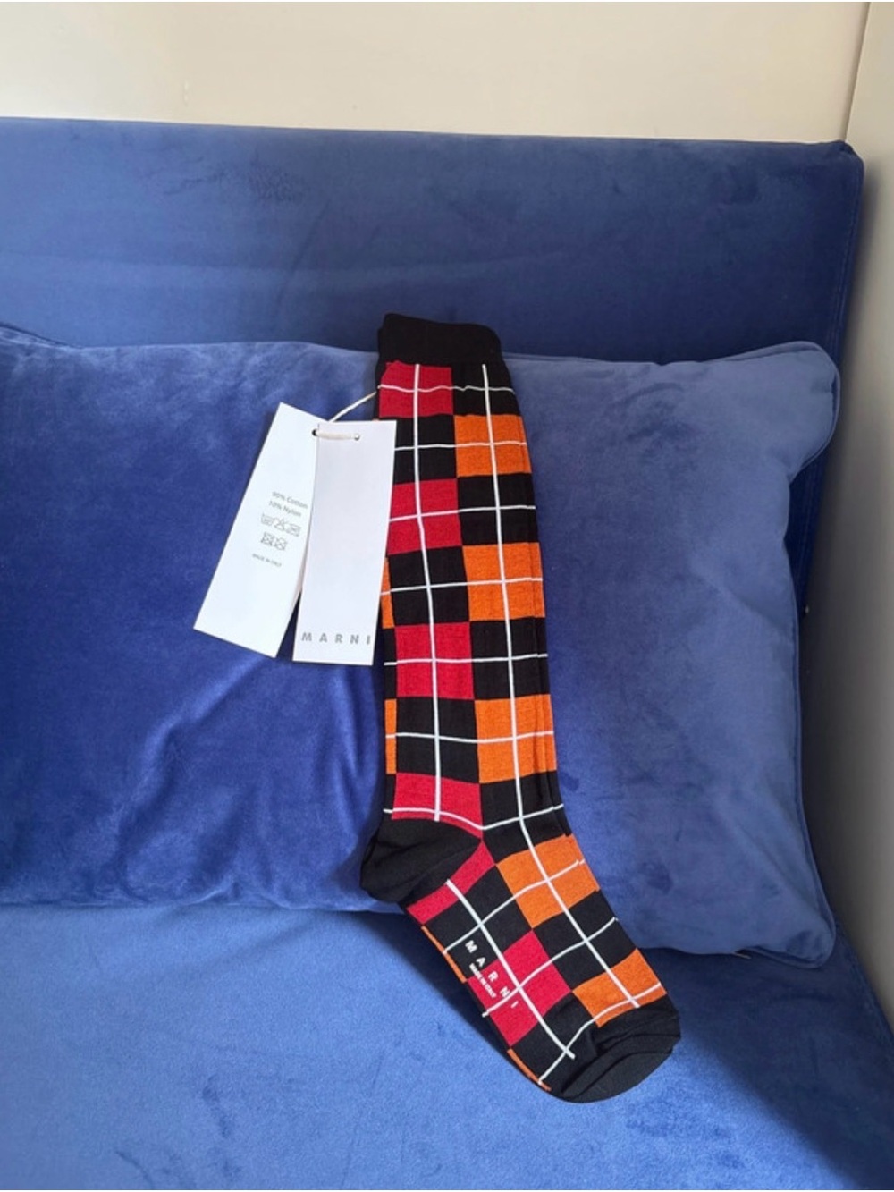 Marni Black Socks with Orange & Red Checked Pattern NWT
